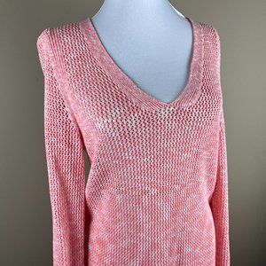 Talbots Long Sleeve Open Knit Sweater Size S Peachy Pink, V-neck, Tassles